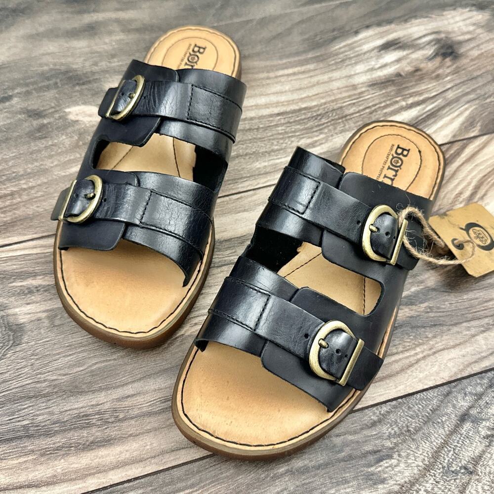 NIB Born Henna 7M Comfort Black Leather Slide Sandals - Picture 2 of 11